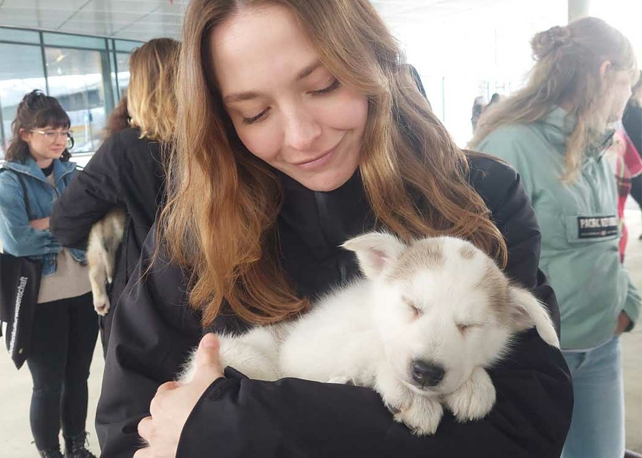 [Translate to englisch:] A quiet minute during the stressful exam time at Puppy Therapy